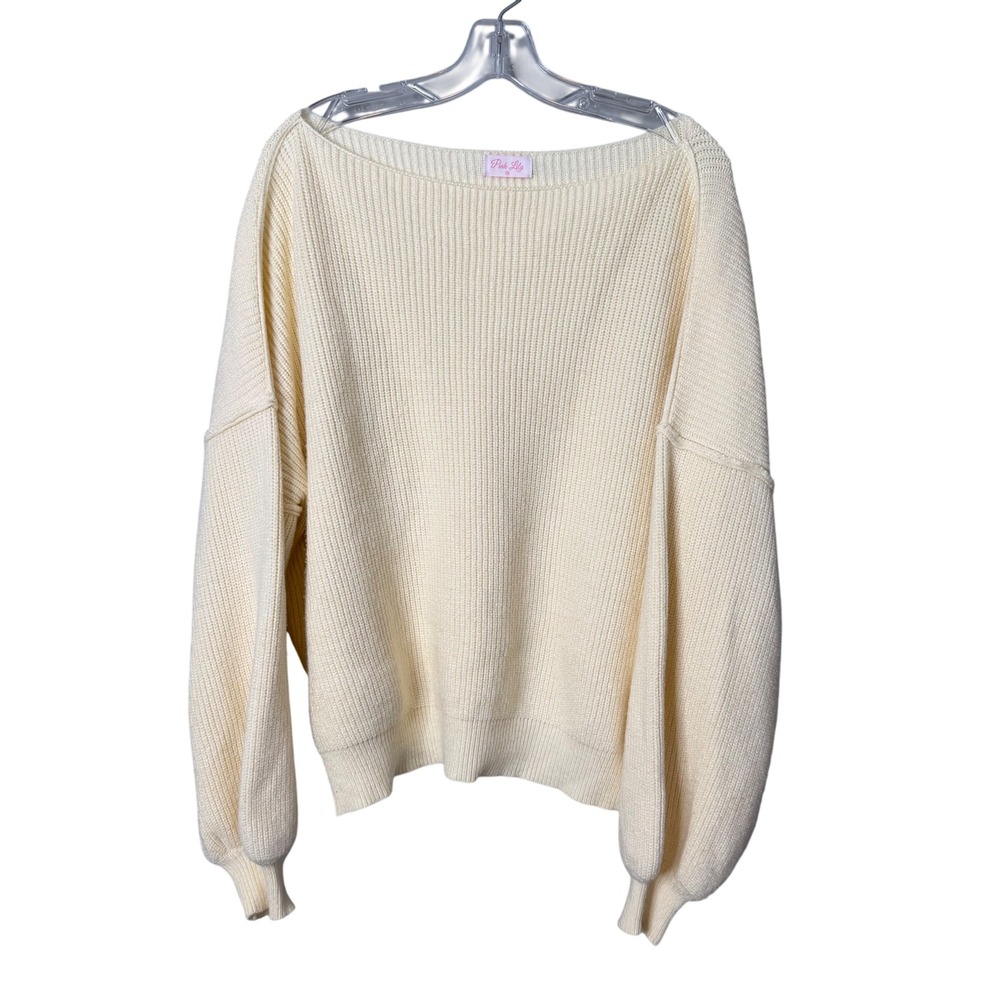 Pink Lily Ribbed Sweater Womens M Cream Oversized Balloon Sleeve Boat Neck